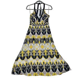 Harolds Linen Y2K Halter Midi Dress Rockabilly Yelow Black Geo Retro Lined 2 NWT